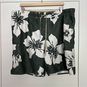 No Bad Days Swim Shorts Trunks Mens Size Large Green Floral Pockets Drawstring